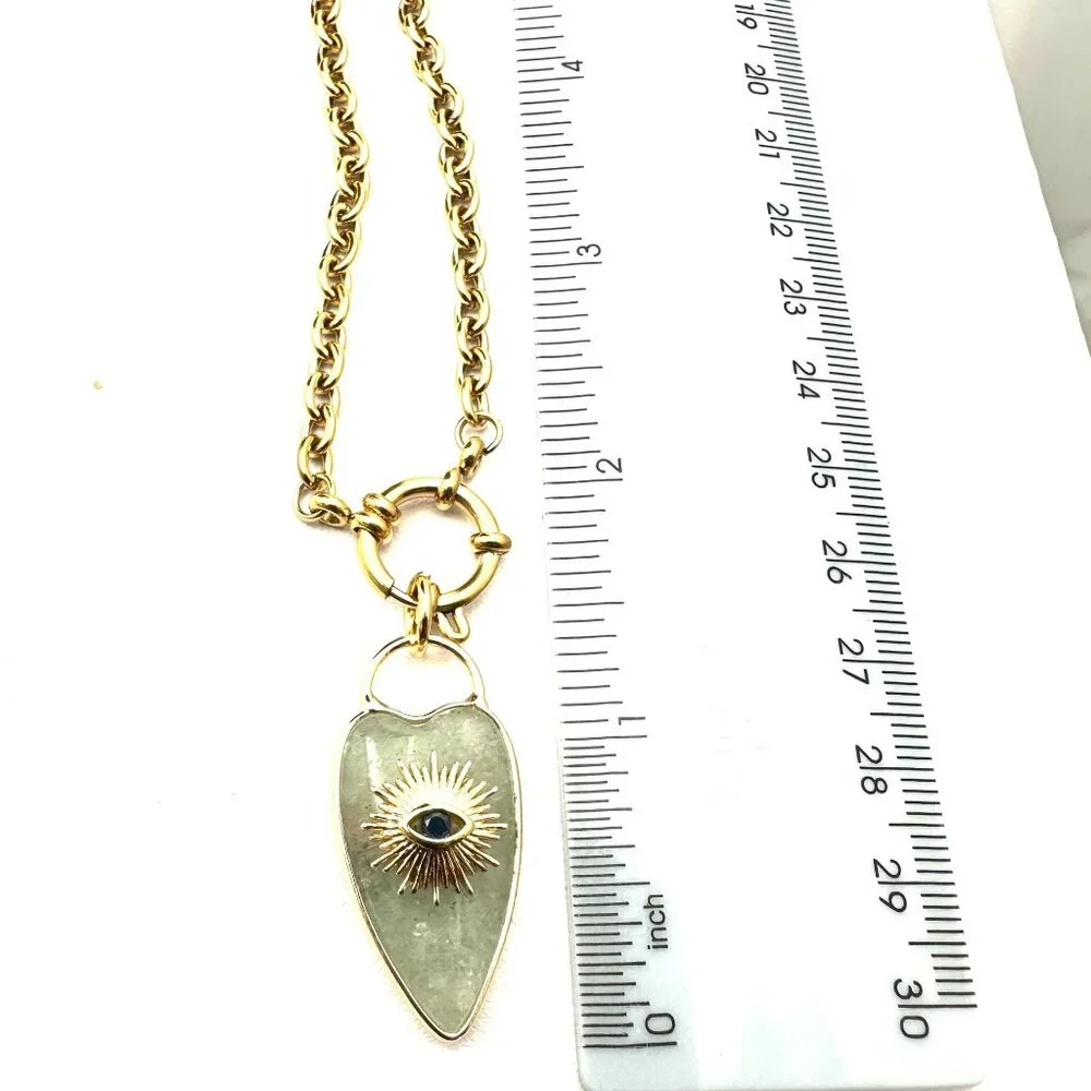 Aventurine Gemstone Heart Evil Eye Pendant Necklace 18K Gold Plated Chain 19" - Picture 9 of 9